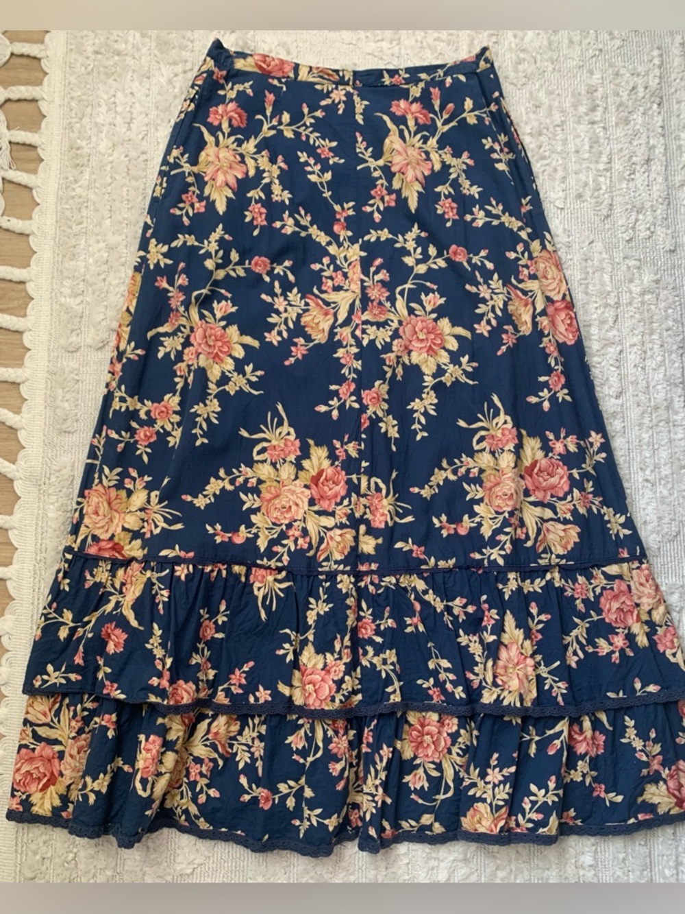 Ralph Lauren Navy Floral Maxi Skirt with Pink and Cream Blooms 100% Cotton - Picture 4 of 10